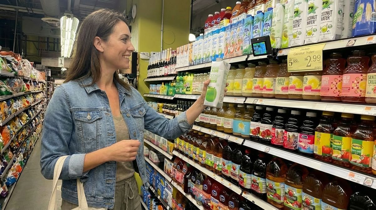 Shopper browsing grocery aisle with Smart Shelf Talker